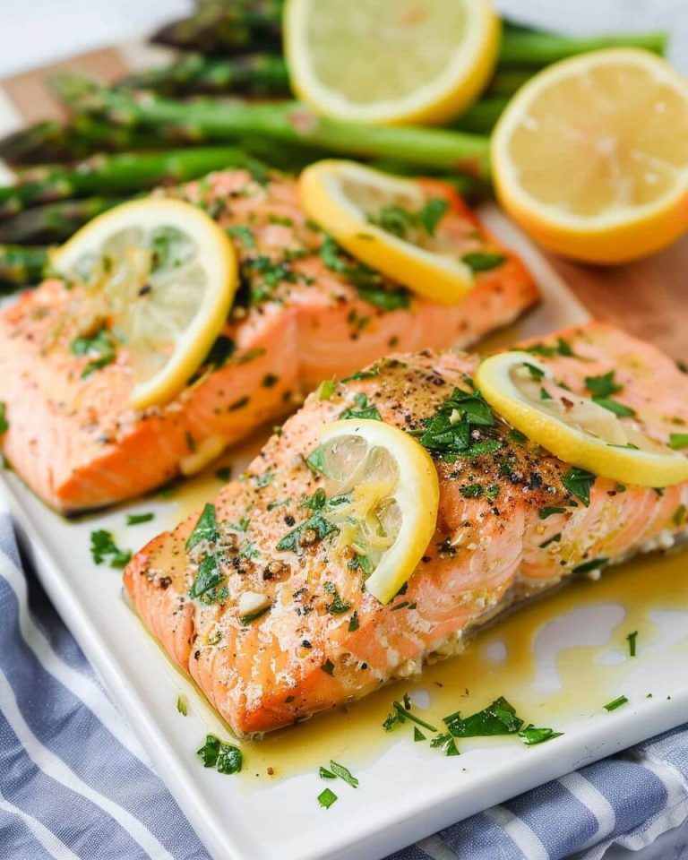 Baked Salmon in Foil with Asparagus and Garlic Lemon Butter Sauce