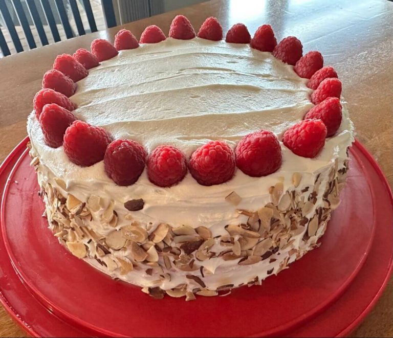 White Chocolate Almond Raspberry Cake