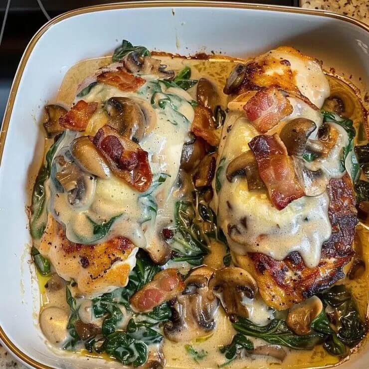 Smothered Chicken with Creamed Spinach Bacon And Mushrooms