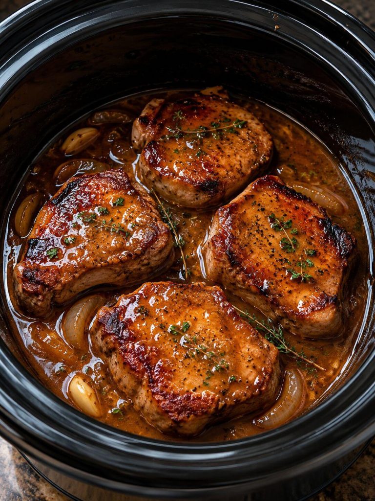 3-Ingredient Slow Cooker Beer Braised Pork Chops